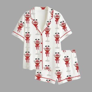 Women's Christmas Martini Santa Bow Martini Drink Satin Pajama Set