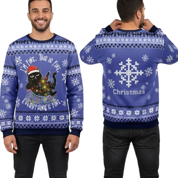 Black Cat I'm Fine This Is Fine Everything's Fine Ugly Christmas Sweater
