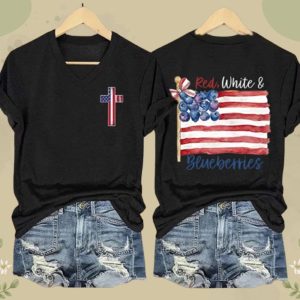 Women's Red White And Blueberries Print V Neck T shirt