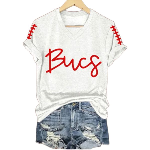 Women's Bucs Football Print V Neck T Shirt