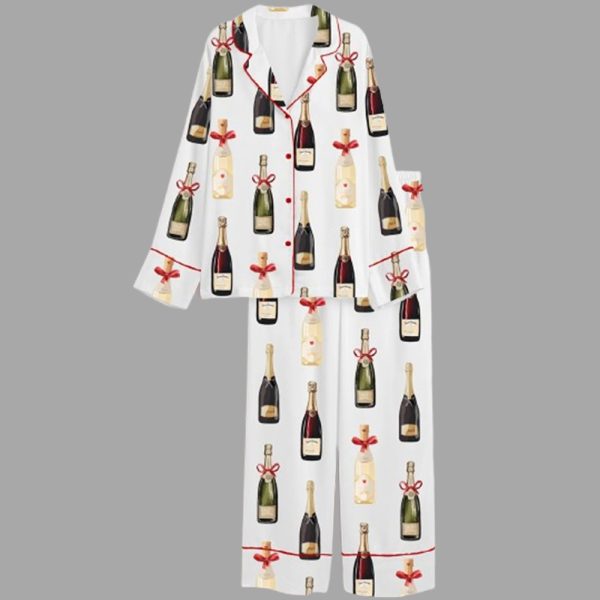 Women's Christmas Champagne Bottles With Red Bows Satin Pajama Set