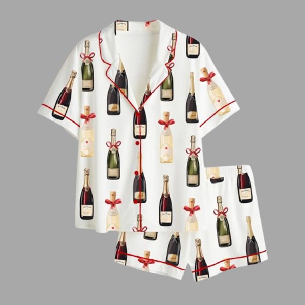 Women's Christmas Champagne Bottles With Red Bows Satin Pajama Set