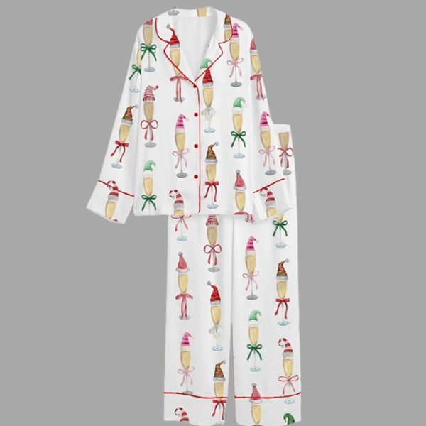 Women's Christmas Champagne Santa Bow Drink Satin Pajama Set