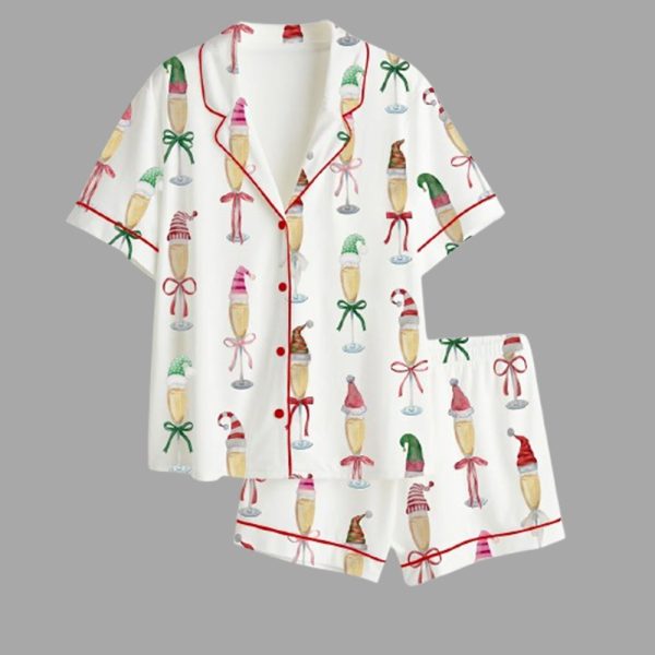 Women's Christmas Champagne Santa Bow Drink Satin Pajama Set
