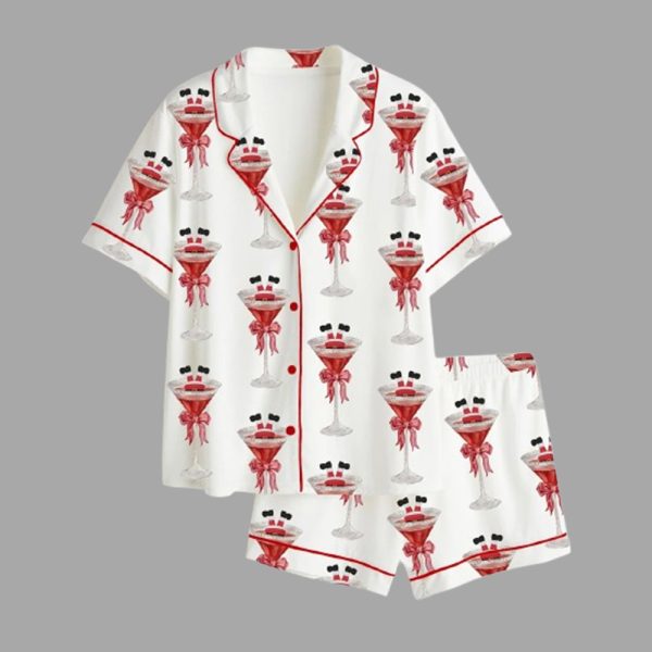 Women's Christmas Martini Santa Bow Martini Drink Satin Pajama Set