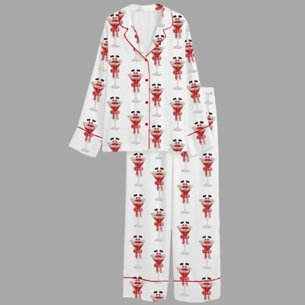 Women's Christmas Martini Santa Bow Martini Drink Satin Pajama Set