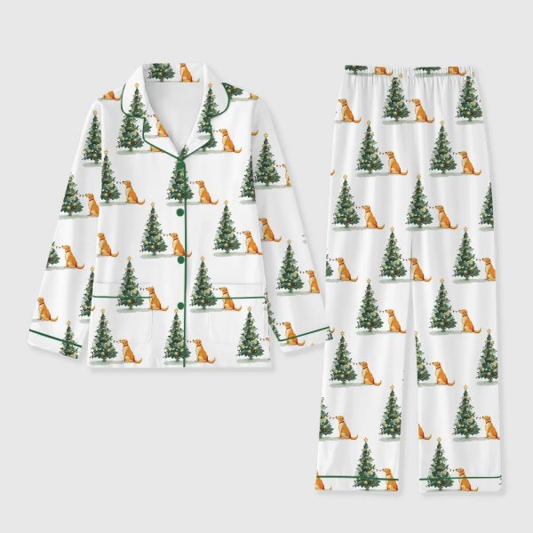 Women's Golden Retriever With Christmas Tree Pocket Cotton Pajama Set