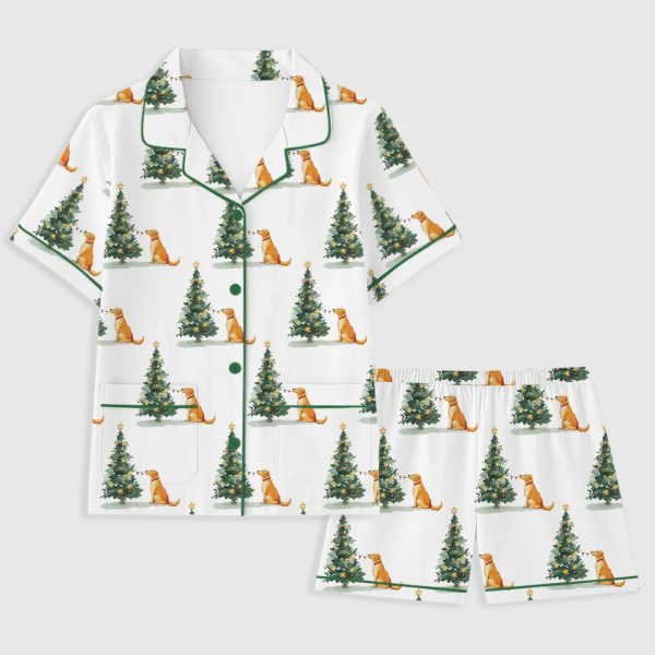 Women's Golden Retriever With Christmas Tree Pocket Cotton Pajama Set