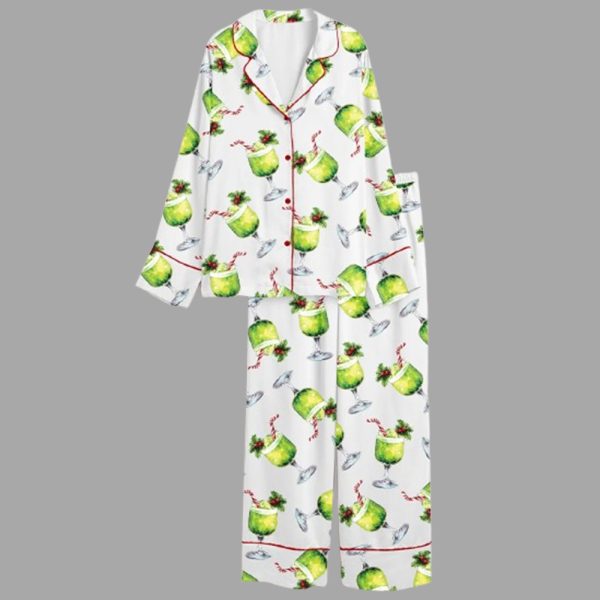 Women's Grnch Punch Watercolor Christmas Cocktails Holiday Drinks Satin Pajama Set 1