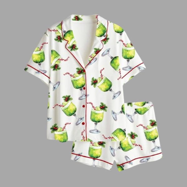 Women's Grnch Punch Watercolor Christmas Cocktails Holiday Drinks Satin Pajama Set