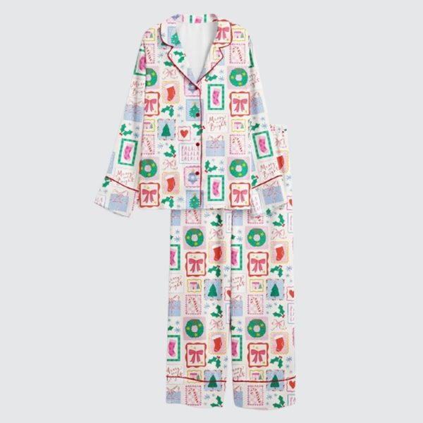 Women's Hand Drawn Postage Stamp Coquette Christmas Satin Pajama Set