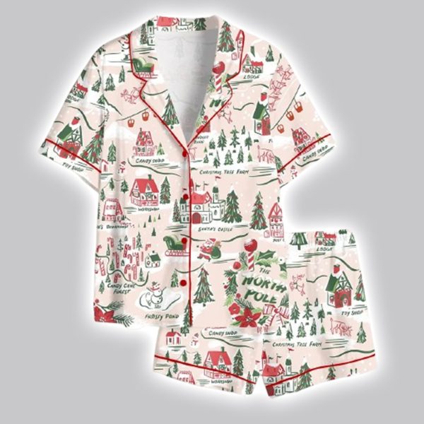 Women's North Pole Village Map Christmas Retro Holiday Satin Pajama Set