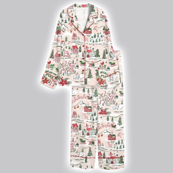 Women's North Pole Village Map Christmas Retro Holiday Satin Pajama Set
