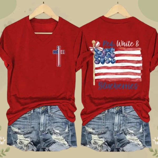 Women's Red White And Blueberries Print V Neck T shirt