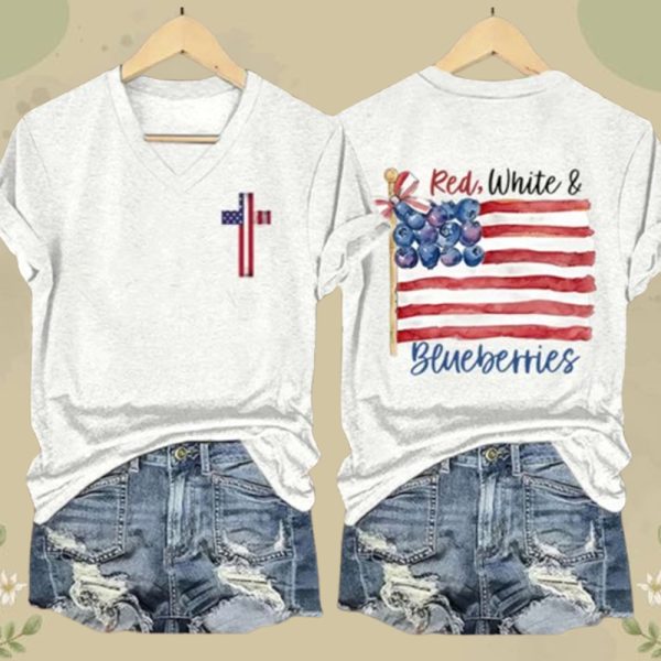 Women's Red White And Blueberries Print V Neck T shirt
