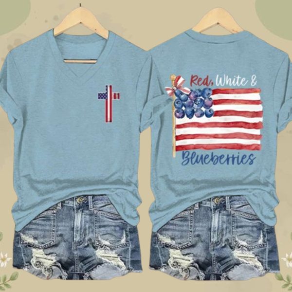 Women's Red White And Blueberries Print V Neck T shirt