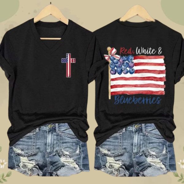 Women's Red White And Blueberries Print V Neck T shirt