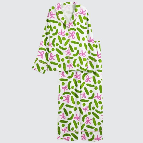 Women's Trendy Pickle Girly Coquette Pickles And Bows Satin Pajama Set