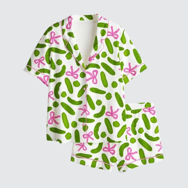 Women's Trendy Pickle Girly Coquette Pickles And Bows Satin Pajama Set
