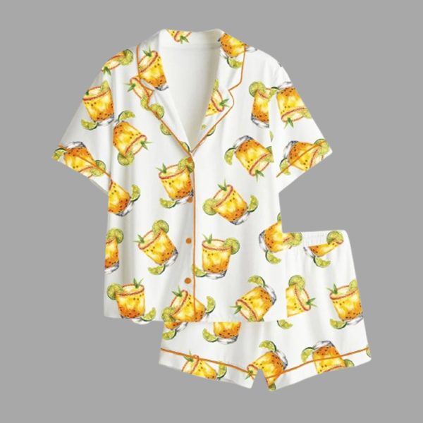 Women's Watercolor Passion Fruit Margarita Alcohol Drink Satin Pajama Set