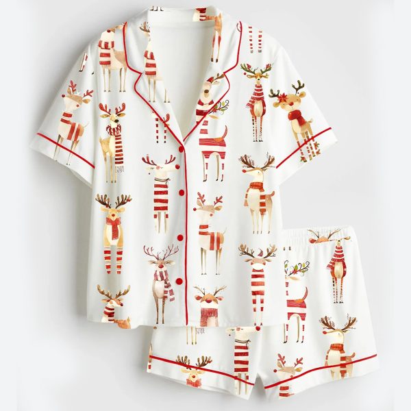 Women's Watercolor Reindeer Funny Christmas Animal Satin Pajama Set