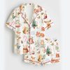 Women’s Woodland Christmas Watercolor Reindeer Bear Hedgehog Holiday Animals Satin Pajama Set 1