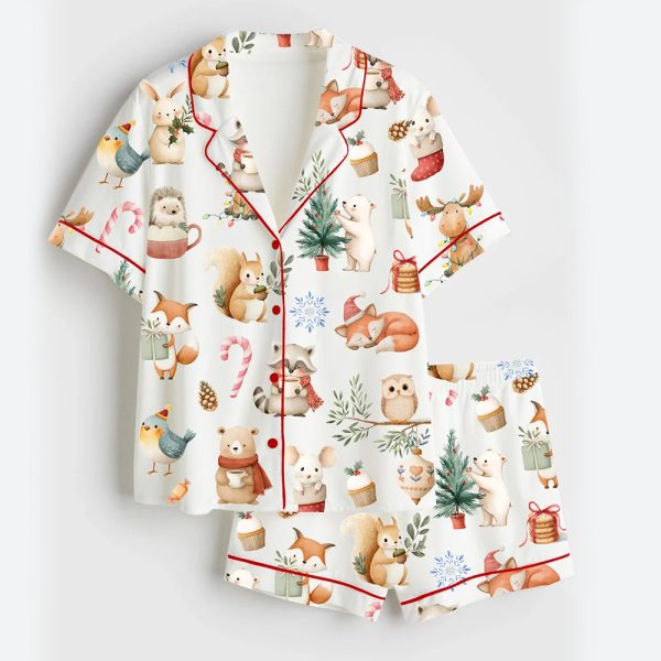 Women’s Woodland Christmas Watercolor Reindeer Bear Hedgehog Holiday Animals Satin Pajama Set 1