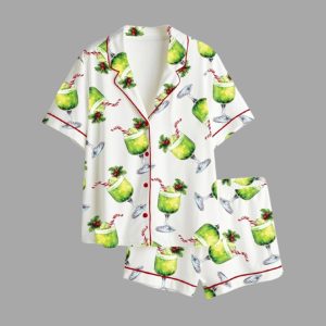 Women's Grnch Punch Watercolor Christmas Cocktails Holiday Drinks Satin Pajama Set