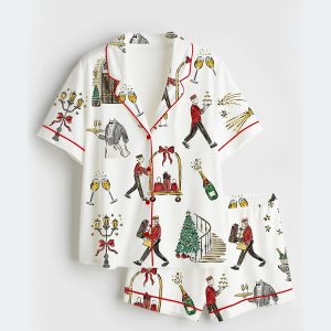 Women's Hand Drawn Watercolor Christmas Luxury Hotel Print Short Sleeve Satin Pajama Set 1