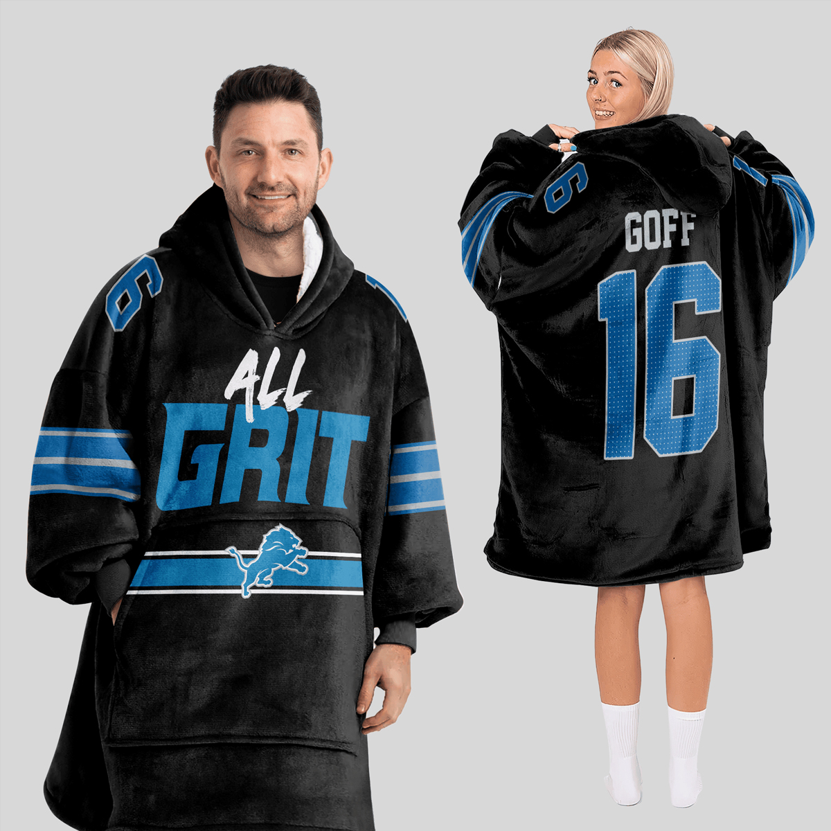 All Grit Goff 16 Detroit Football Unisex Blanket Hoodie