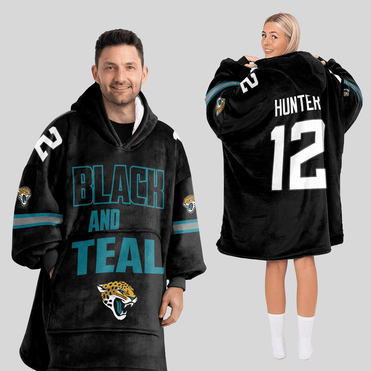 Black And Teal Hunter 12 Jaguars Football Unisex Blanket Hoodie