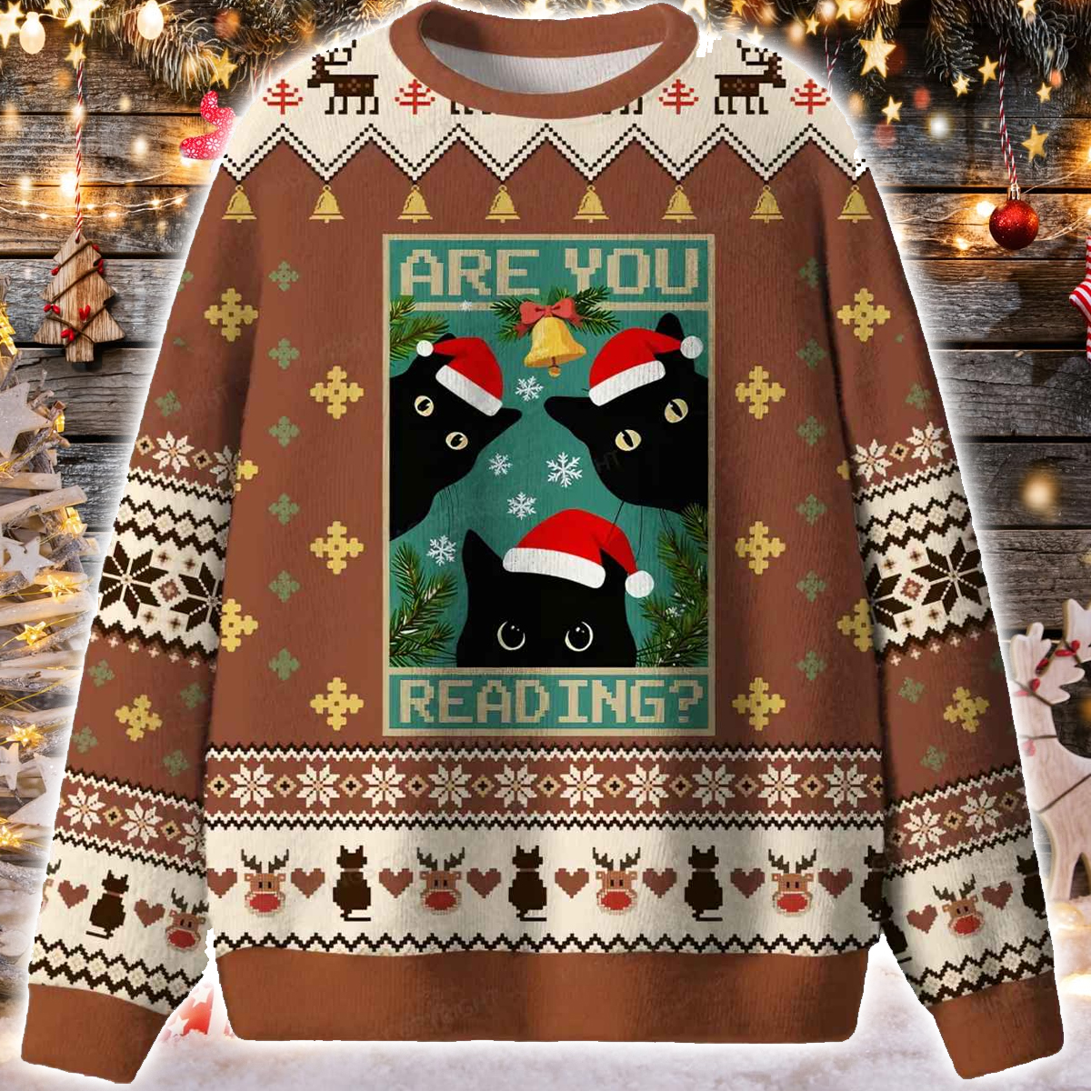 Black Cat Are You Reading Ugly Christmas Sweater