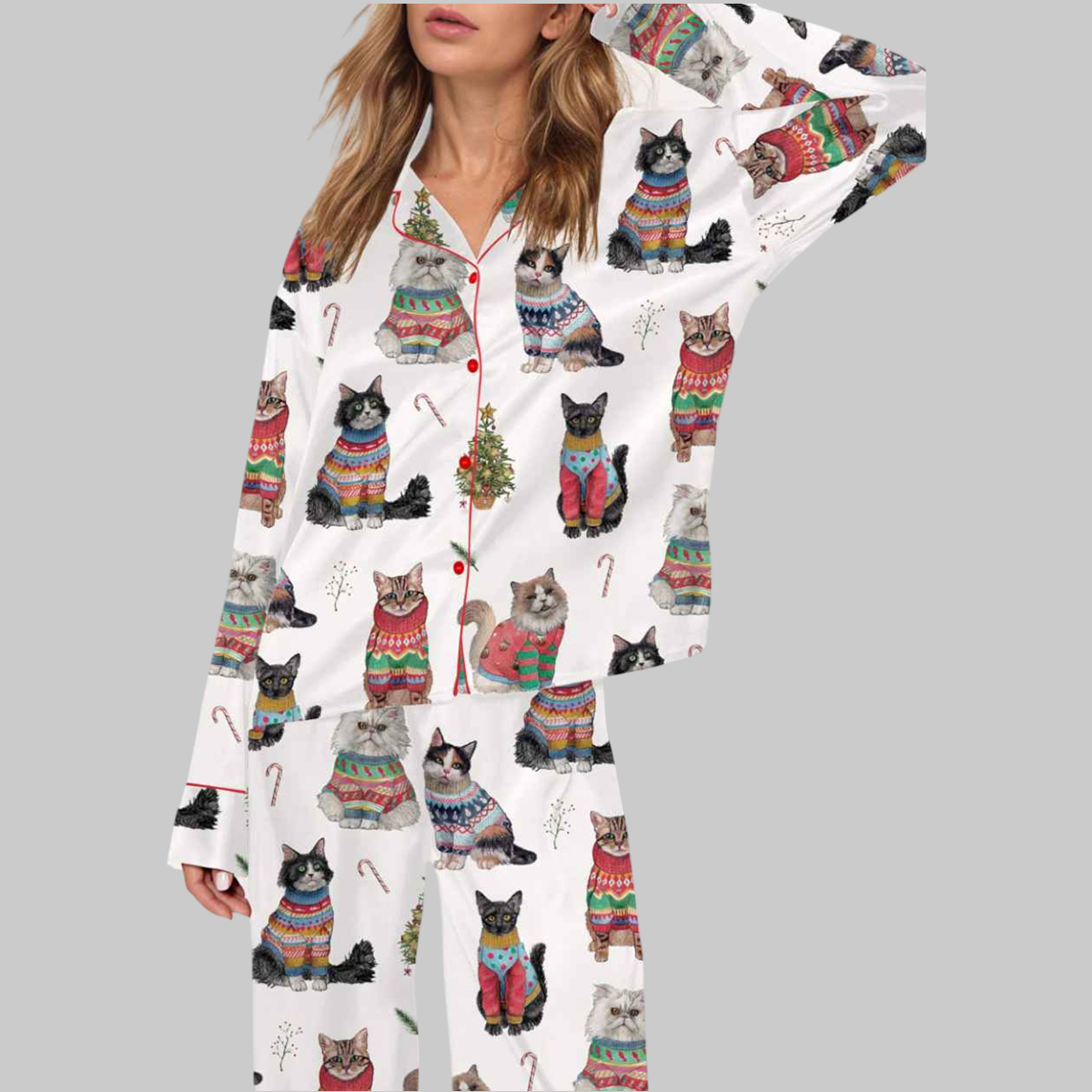 Christmas Cats Silky Satin Pajama Set 1
