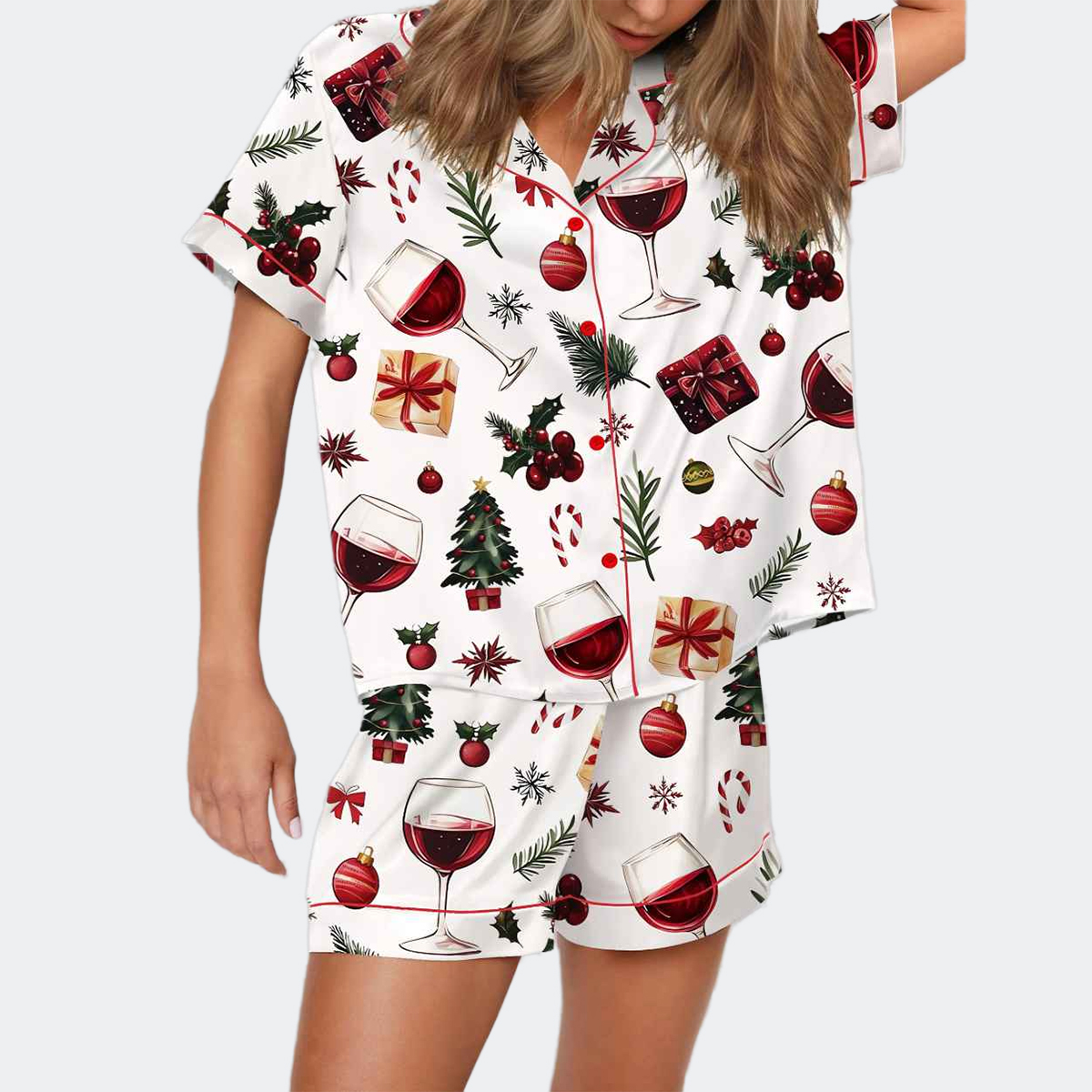 Christmas Wine Silky Satin Pajama Set 1