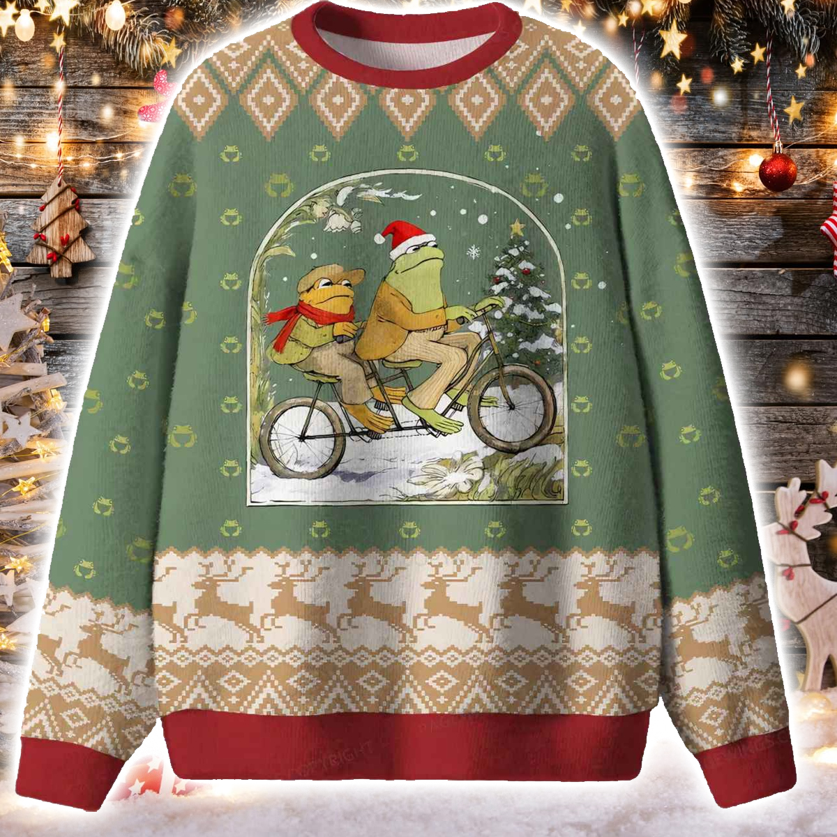 Frog and Toad Riding Bike Ugly Christmas Sweater