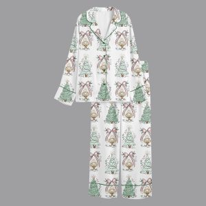 Women's Let Heaven And Nature Sing Christian Christmas Nativity Bow Trees Short Sleeve Satin Pajama Set 1