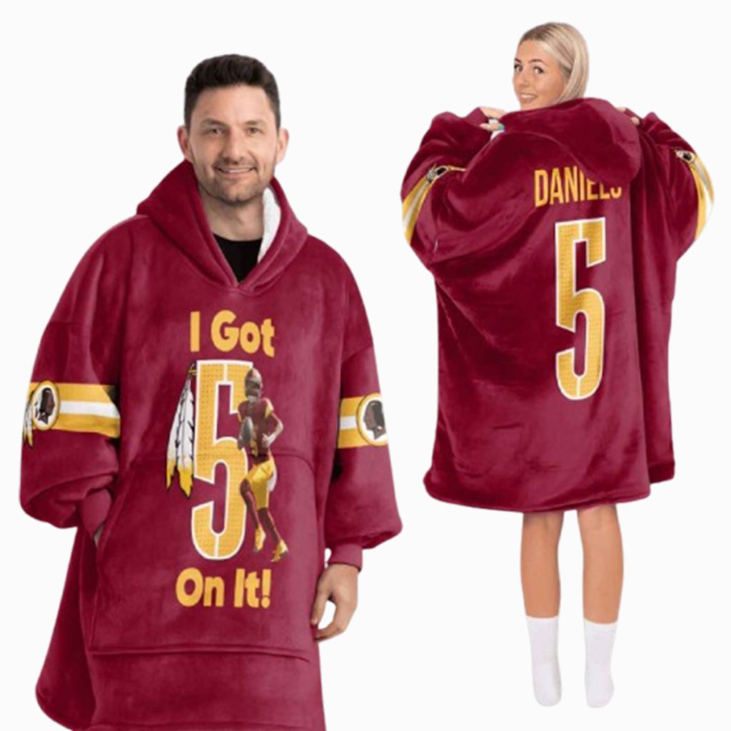 Jayden Daniels 5 Washington Football Unisex Blanket Hoodie 1