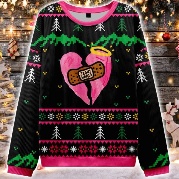 Jesus Heals Pink Heart Christian Ugly Christmas Sweater