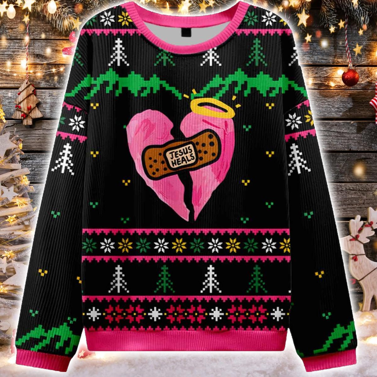 Jesus Heals Pink Heart Christian Ugly Christmas Sweater