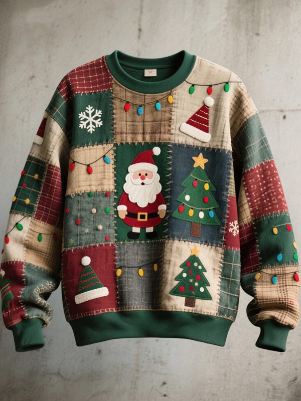 Mens Christmas Inspired Patchwork Art Vintage Sweatshirt