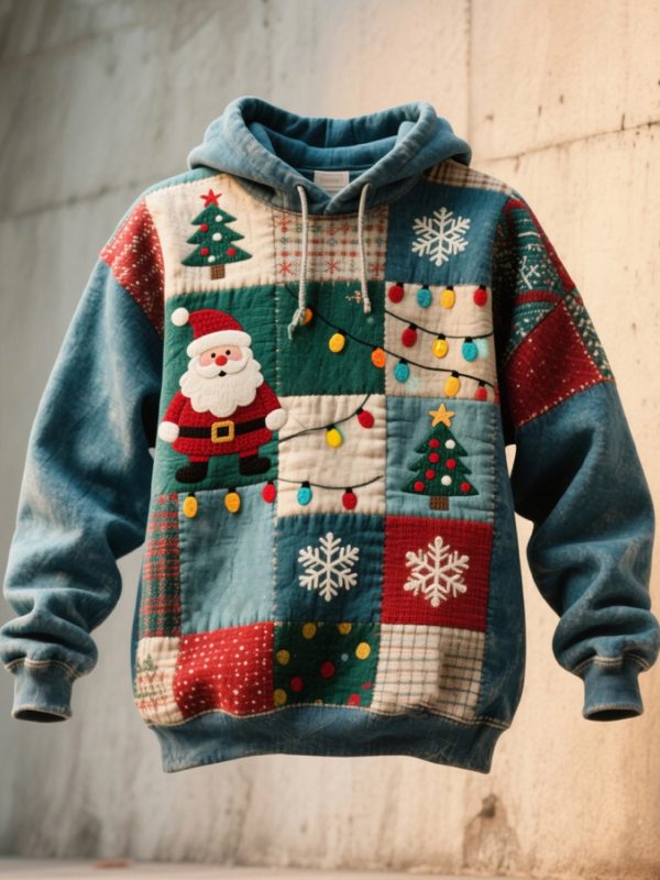 Mens Christmas Inspired Patchwork Art Washed Hoodie