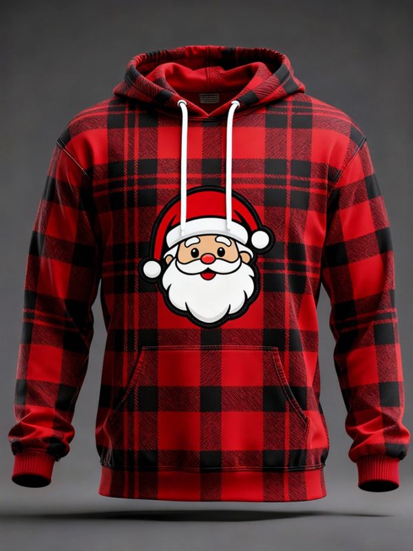 Mens Christmas Red Plaid Santa Claus Print Hoodie