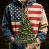 Mens Retro American Flag Christmas Tree Printed Hoodie