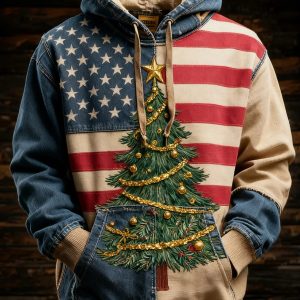 Mens Retro American Flag Christmas Tree Printed Hoodie