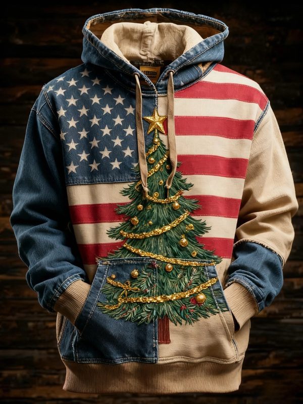 Mens Retro American Flag Christmas Tree Printed Hoodie