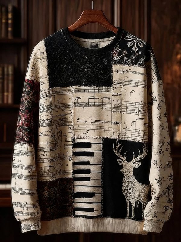 Mens Retro Casual Musical Note Christmas Party Art Sweatshirt