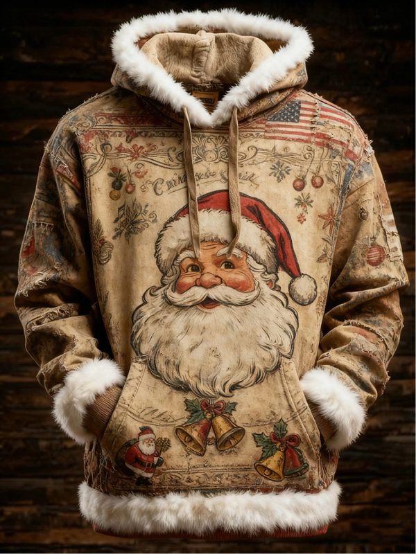 Mens Retro Christmas Santa Claus Printed Hoodie