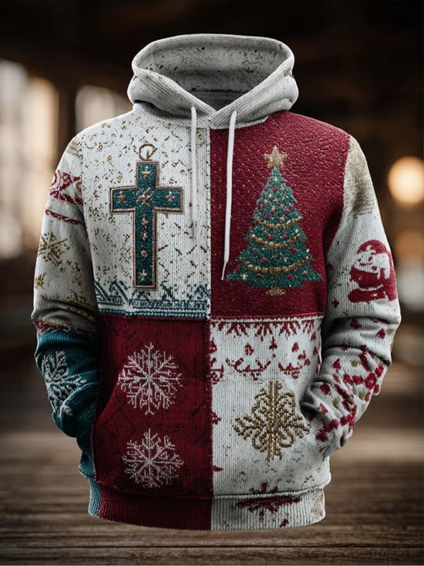 Mens Vintage Christmas Faith Cross print Oversized Drop Shoulder Hoodie 1