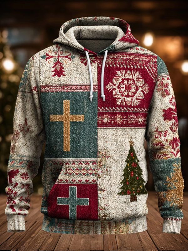 Mens Vintage Christmas Faith Cross print Oversized Drop Shoulder Hoodie