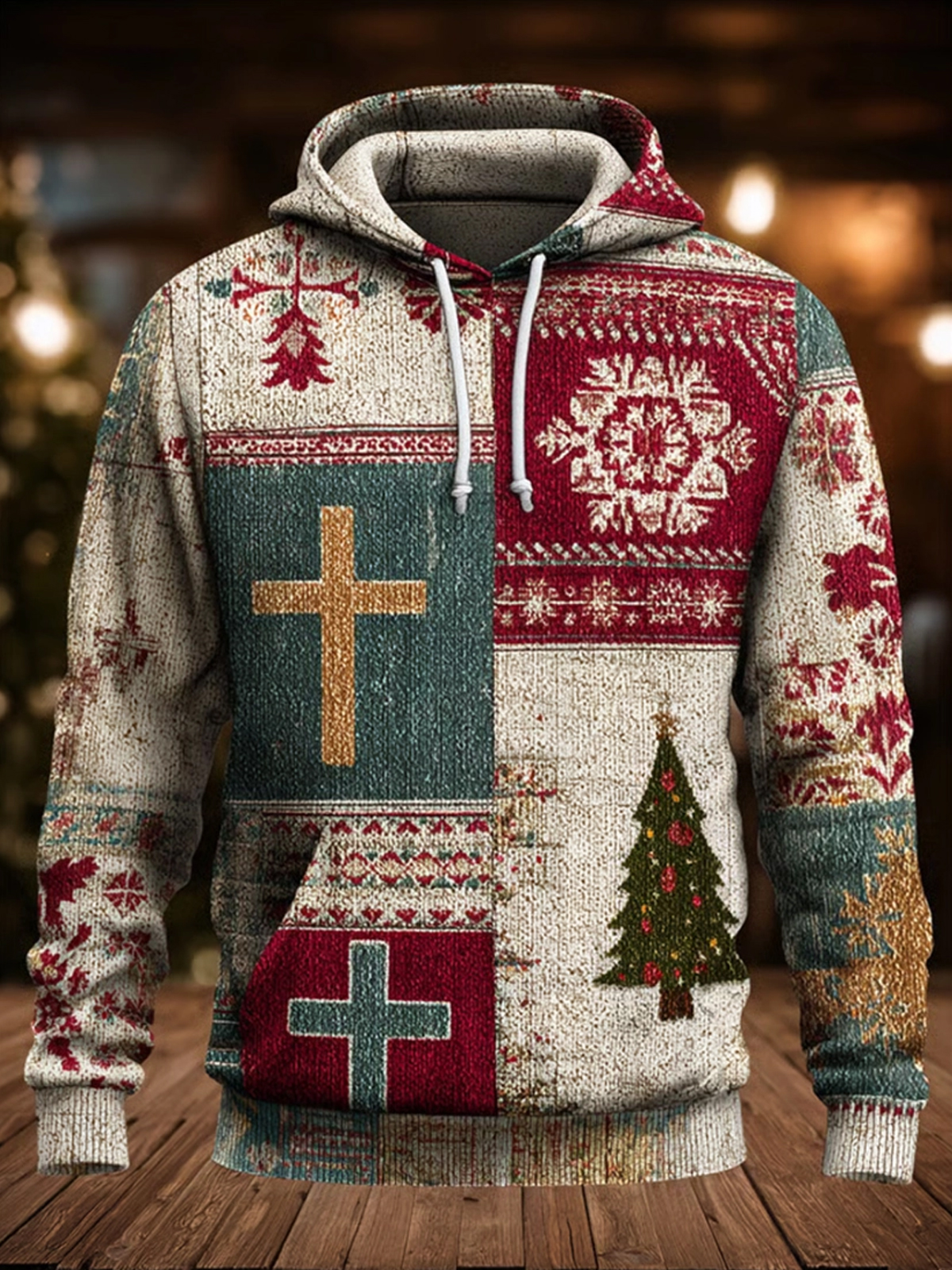 Men's Vintage Christmas Faith Cross print Oversized Drop Shoulder Hoodie